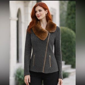 Neiman Marcus 100% Cashmere Cardigan W/Fur Collar-Sz S Gray